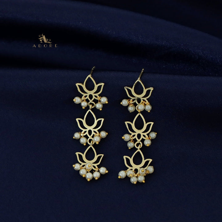 Golden Tri Lotus Pearl Cluster Earring