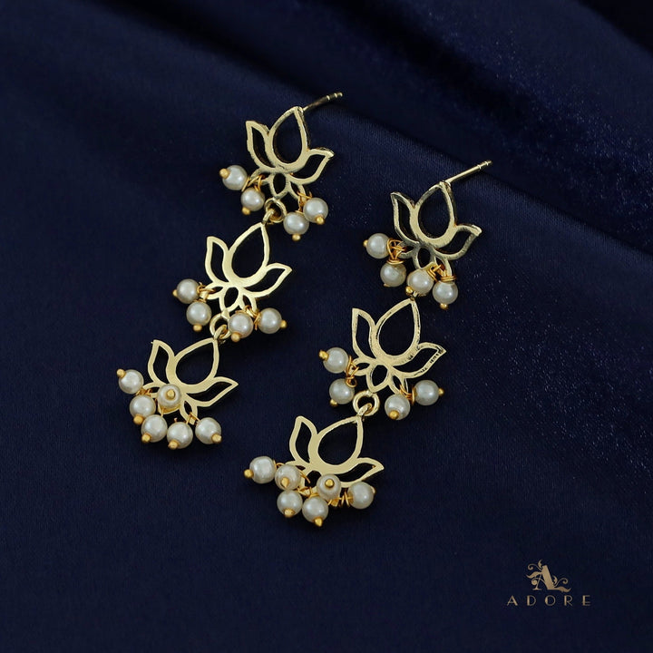 Golden Tri Lotus Pearl Cluster Earring