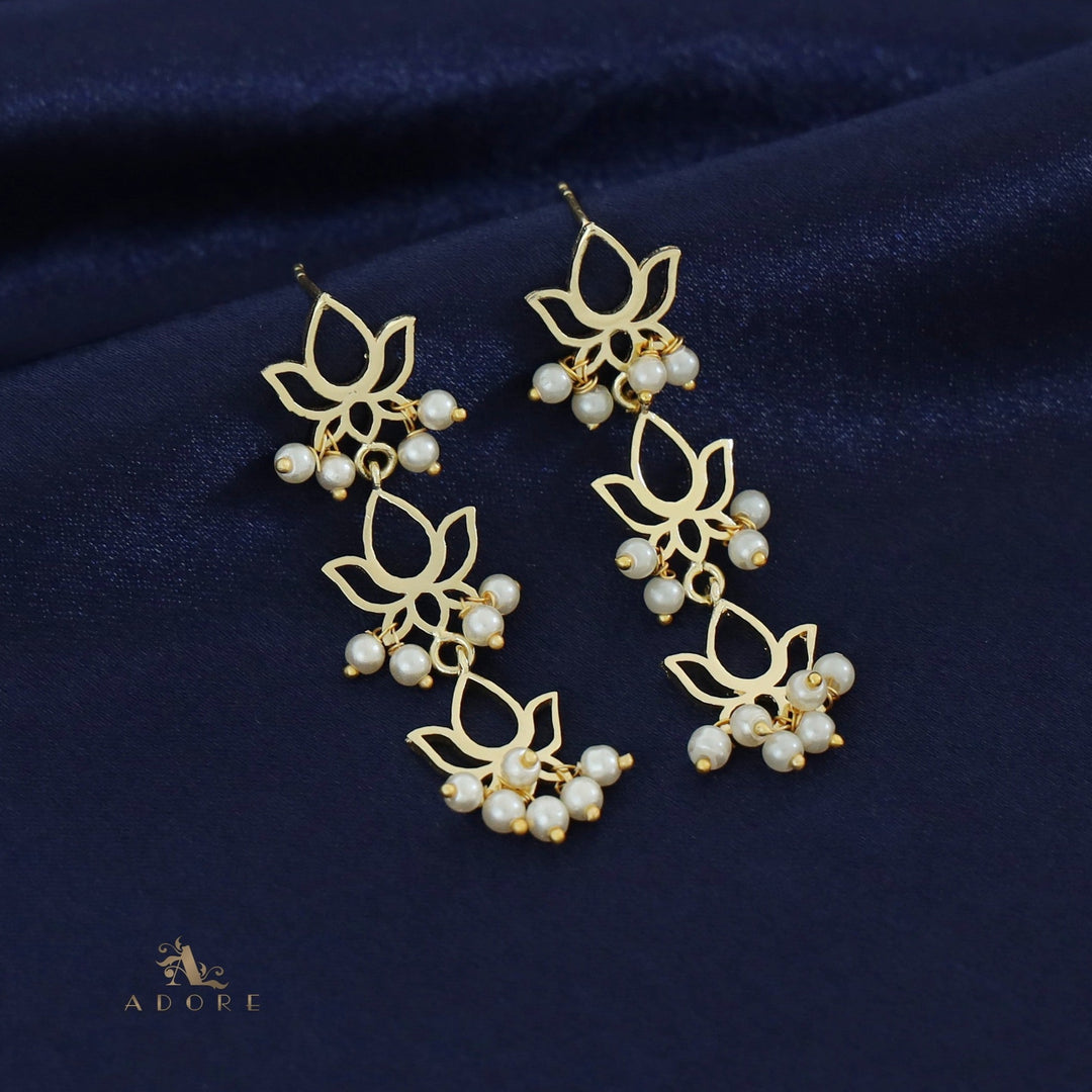 Golden Tri Lotus Pearl Cluster Earring