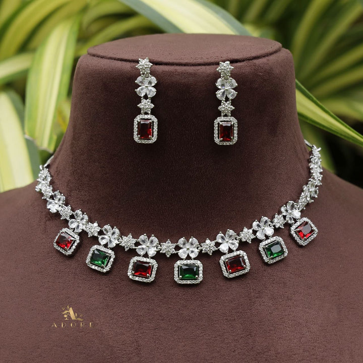 Queenly Silver Stone Short Neckpiece With Earring