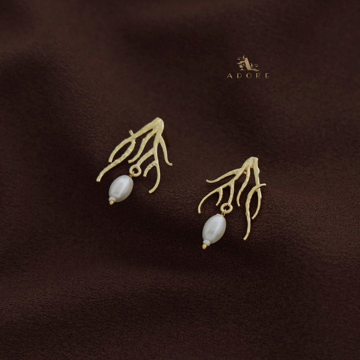 Golden Textured Branch Pearl Earring