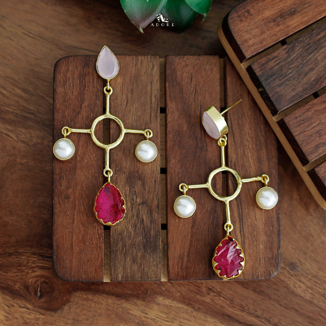Riana Glossy Drop Twin Pearl Circle Dyed Stone Earring