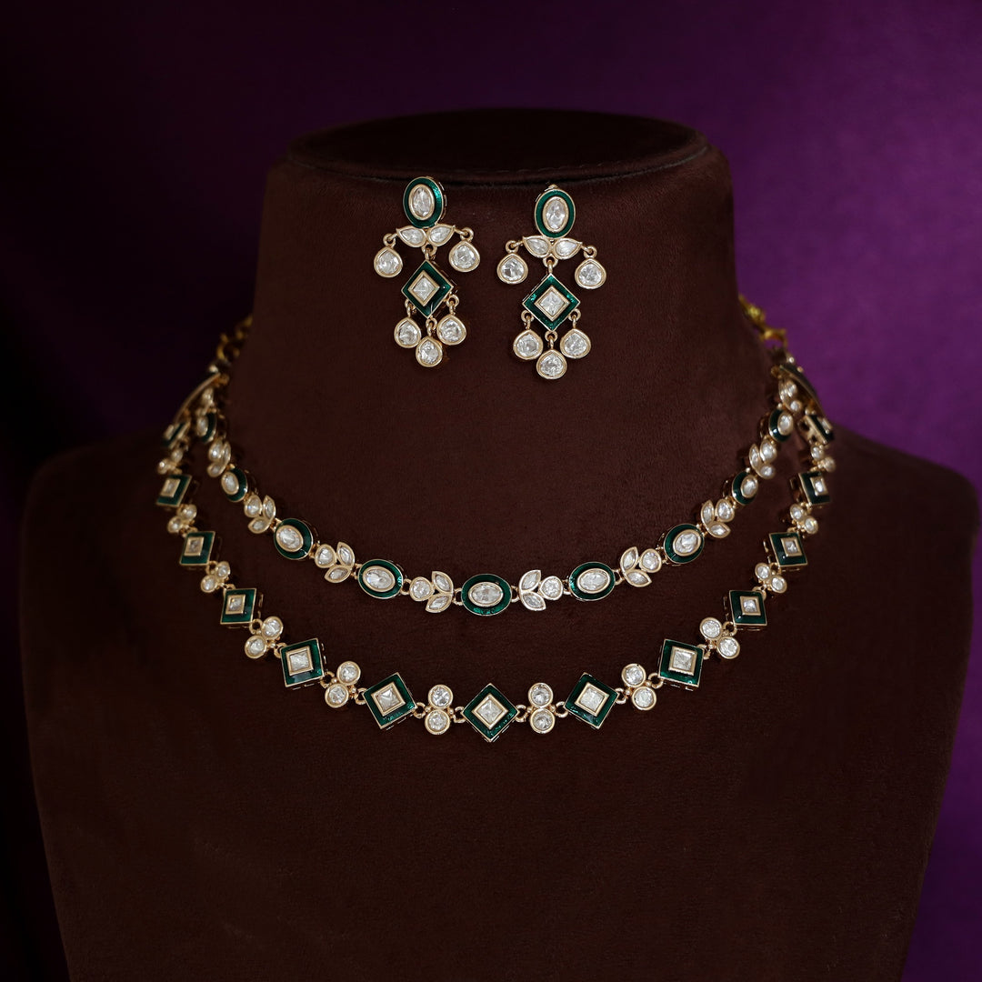 Premium Pragna Kundan 2 Layer Oval & Diamond Neckpiece With Earring