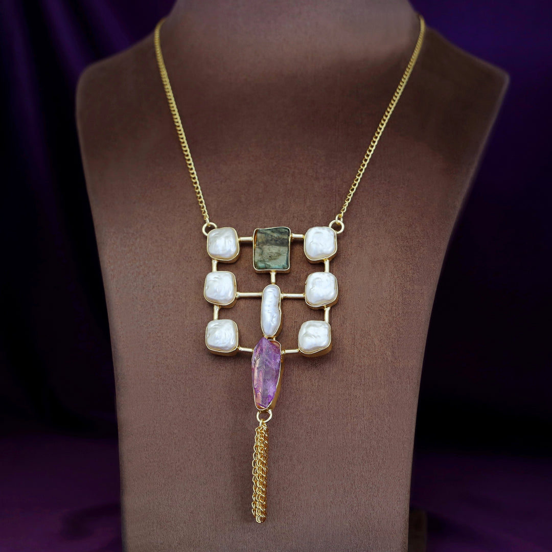 Golden Real Baroque + Dyed + Raw Stone Long Neckpiece