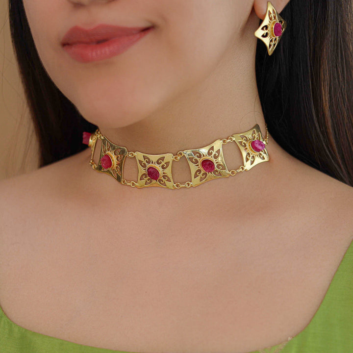 Feyisa 5 Square Druzy Stone Choker With Earring