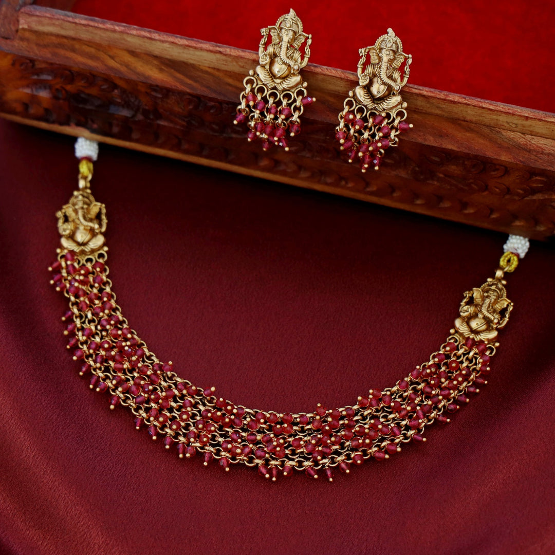 Sharvani Ganpati Cluster Pearl Beads Neckpiece With Earring