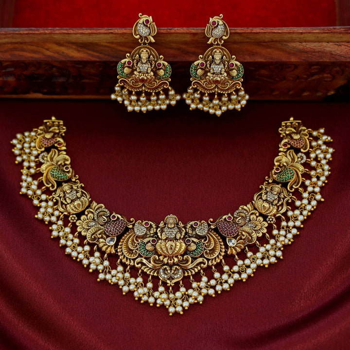 Premium Ayushi Pearl AD Stone Short Neckpiece With Earring