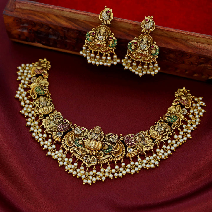 Premium Ayushi Pearl AD Stone Short Neckpiece With Earring