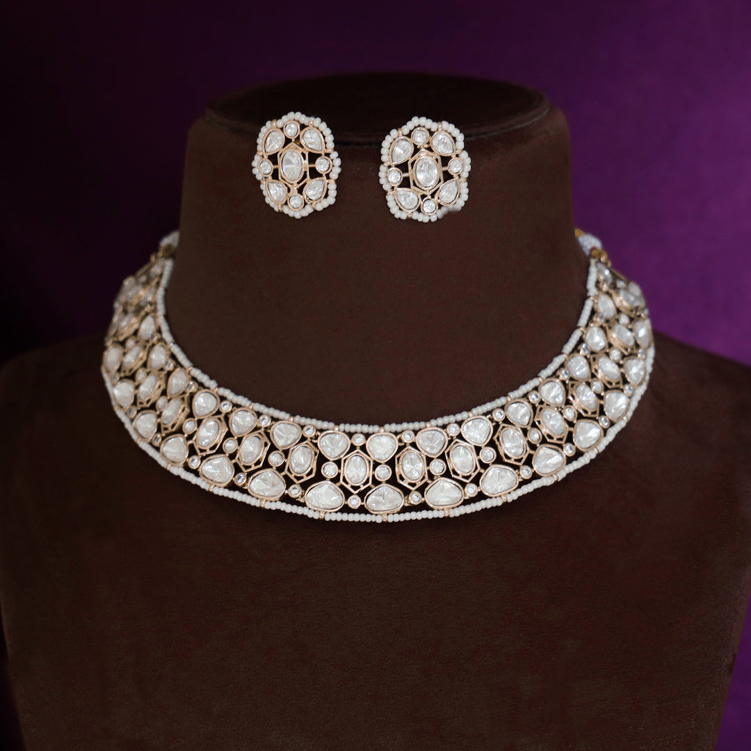 Premium Abheri Kundan Beaded Short Neckpiece With Earring
