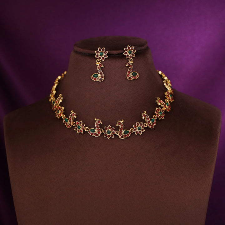 Vidhi Mayura Floral Short Neckpiece With Earring