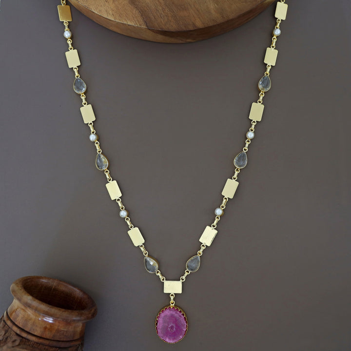Gertie Golden Pearl Glossy + Agate Stone Long Neckpiece