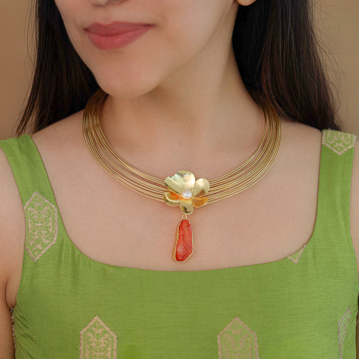 Golden 12 Layer Flower Pearl Dyed Stone Neck Cuff