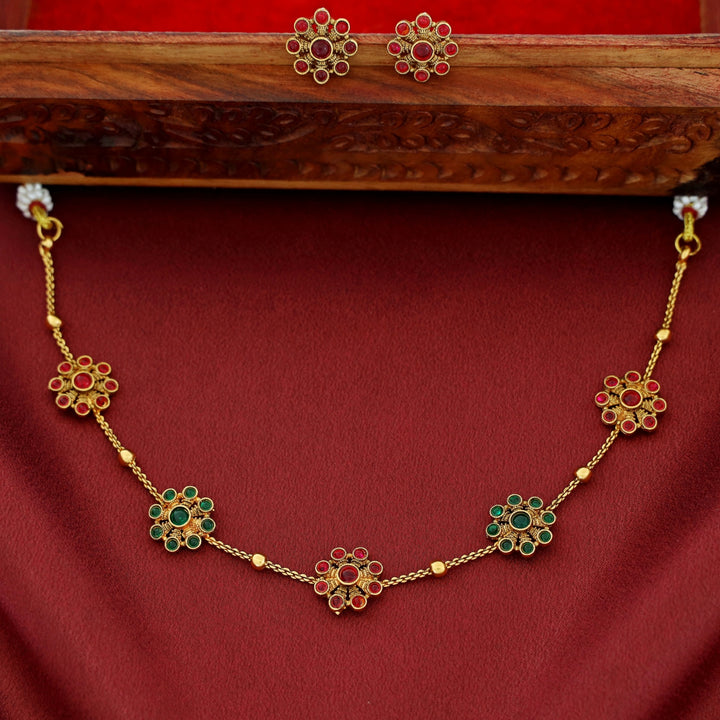 Hridya 5 Floral Golden Ball Choker With Earring