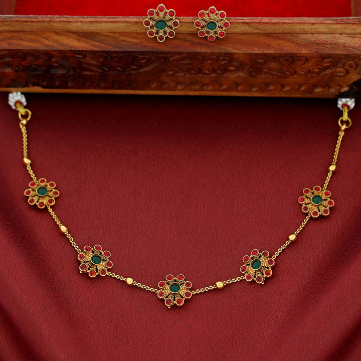 Hridya 5 Floral Golden Ball Choker With Earring