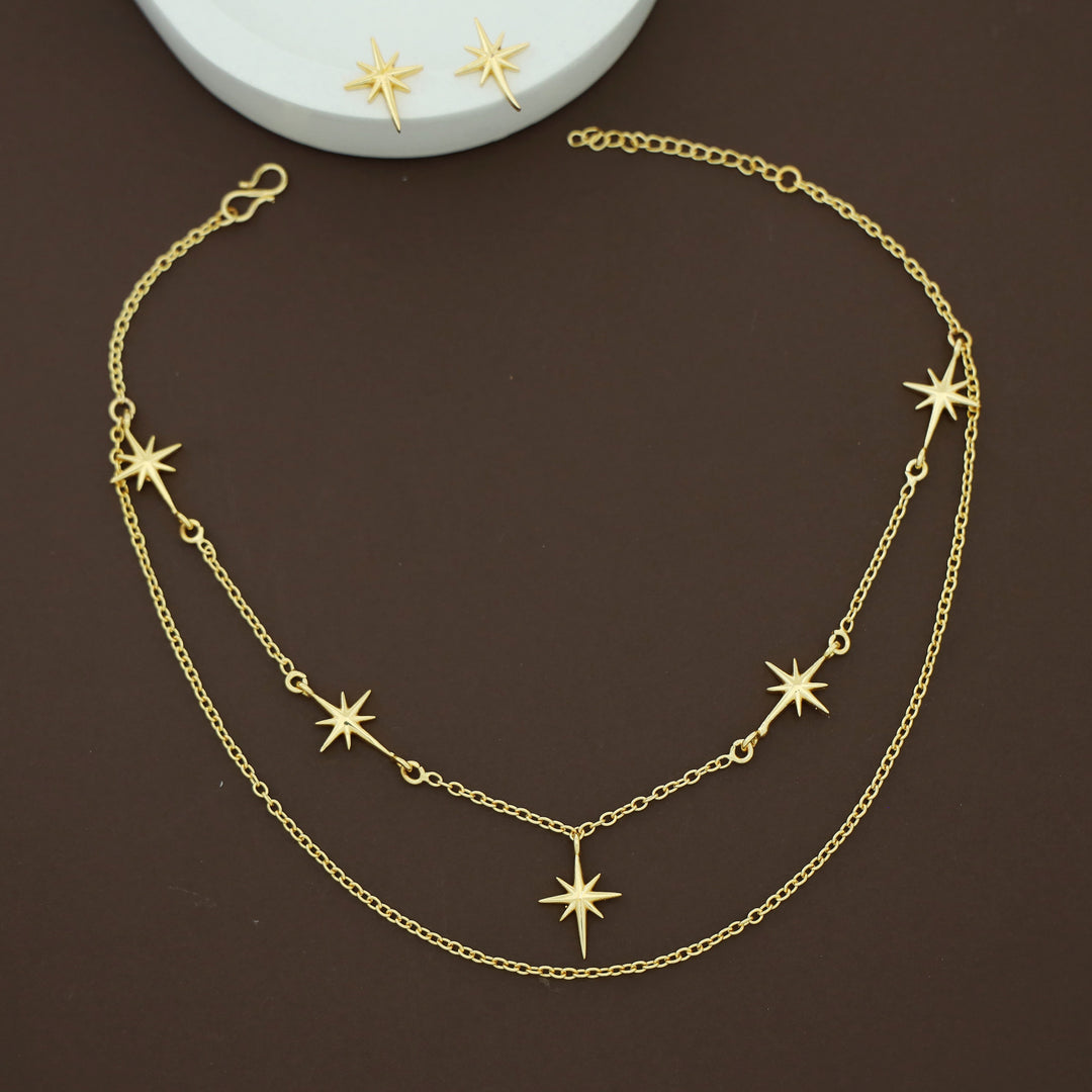 Azel Golden 2 Layer Star Neckpiece With Stud