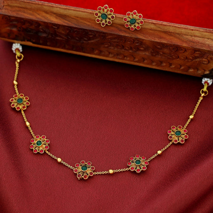 Hridya 5 Floral Golden Ball Choker With Earring