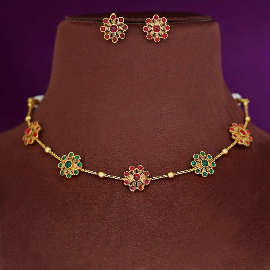 Hridya 5 Floral Golden Ball Choker With Earring