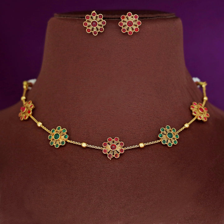 Hridya 5 Floral Golden Ball Choker With Earring