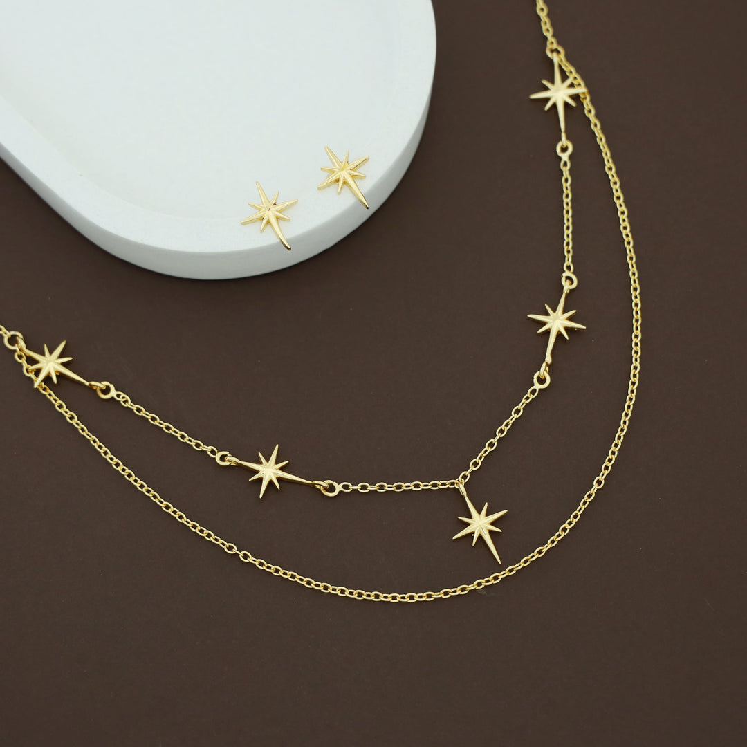 Azel Golden 2 Layer Star Neckpiece With Stud