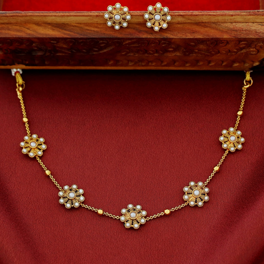 Hridya 5 Floral Golden Ball Choker With Earring