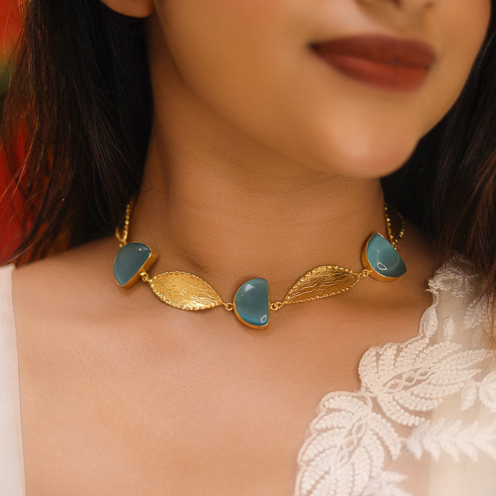 Semi Circle Golden Textured Leaf Short Neckpiece