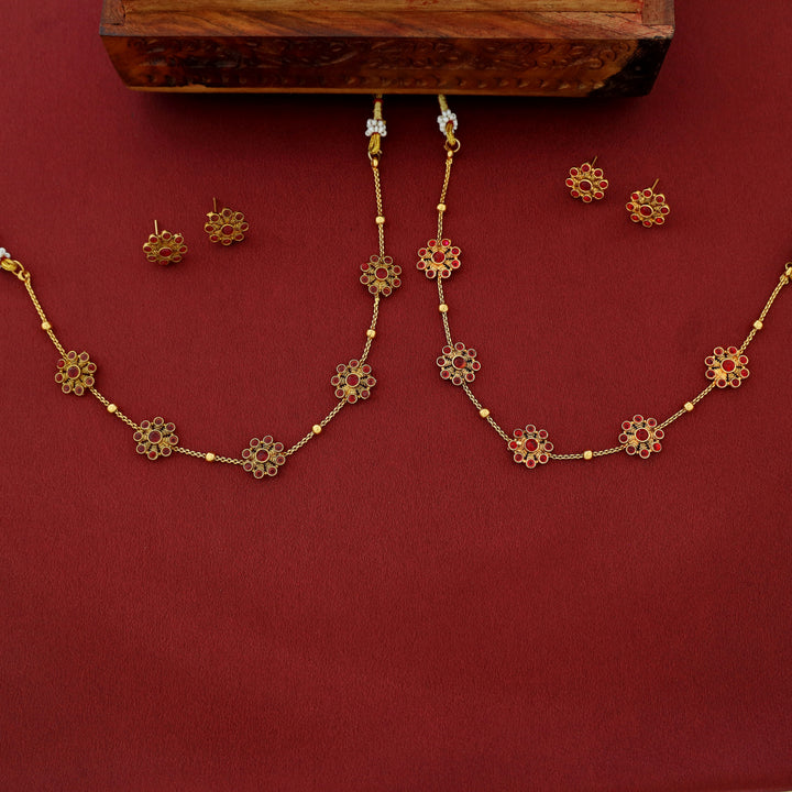 Hridya 5 Floral Golden Ball Choker With Earring