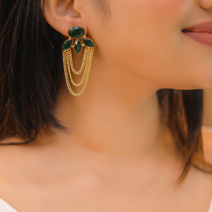 Glossy Oval Tri Leaf Chain Earring