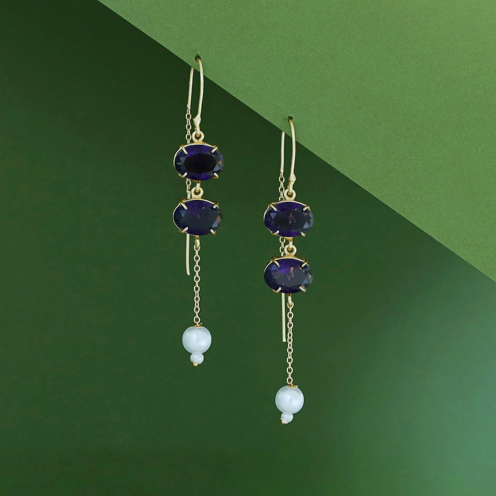 Emryn Glossy Dual Oval Pearl Needle And Thread Earring