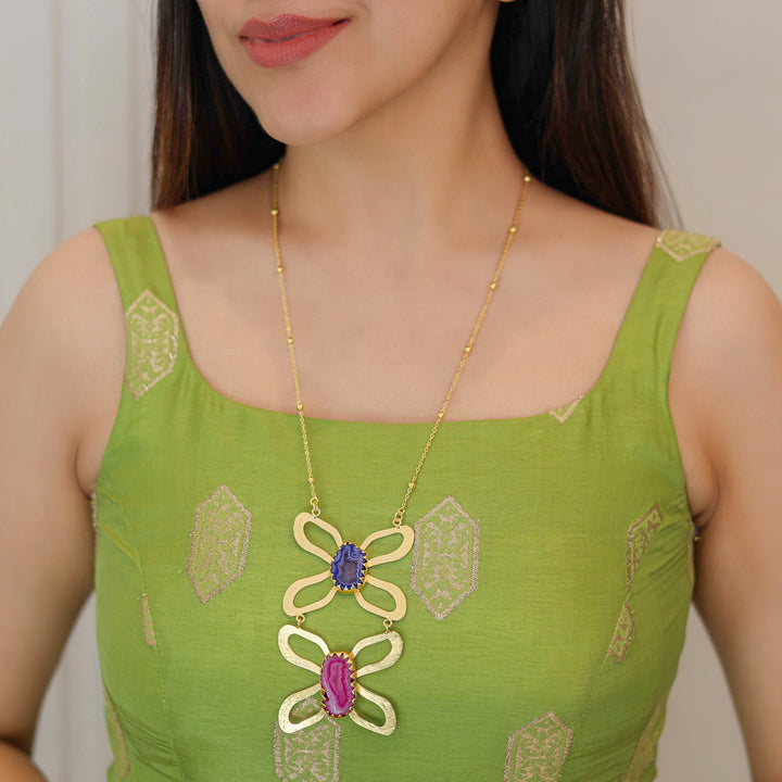 Golden Due Butterfly + Agate Stone Long Neckpiece