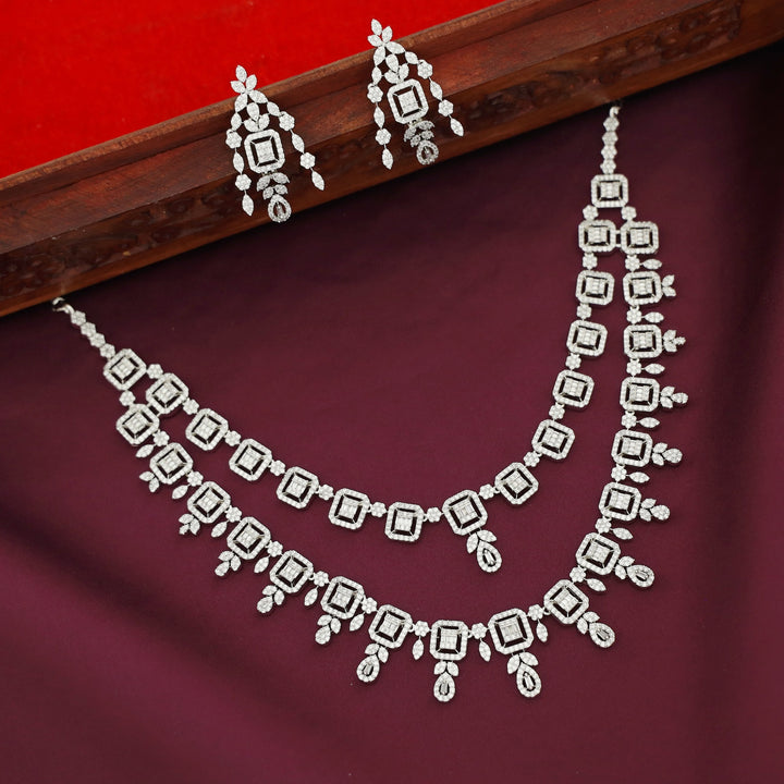 Premium 2 Layer Silver AD Stone Short Neckpiece With Earring