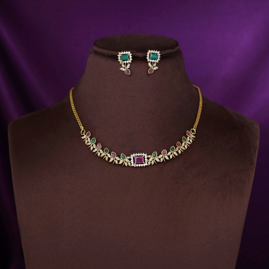 Pradvi Golden Glossy Flower Bud Rectangle Choker With Earring