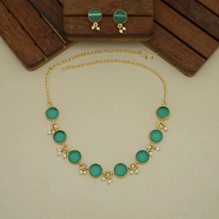 Eudor Round Raw Stone Pearl Short Neckpiece/Choker With Earring
