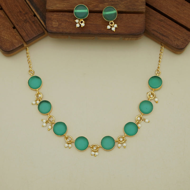 Eudor Round Raw Stone Pearl Short Neckpiece/Choker With Earring