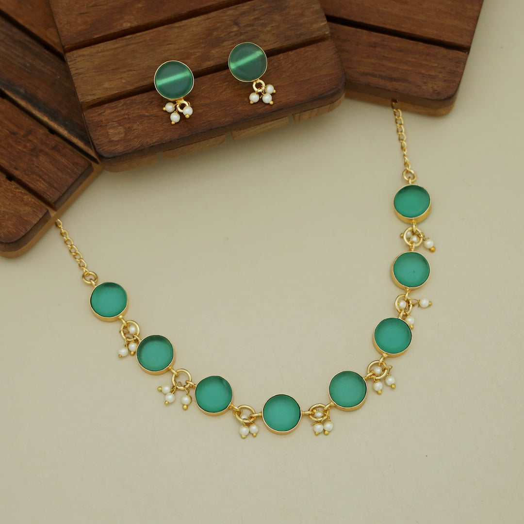 Eudor Round Raw Stone Pearl Short Neckpiece/Choker With Earring