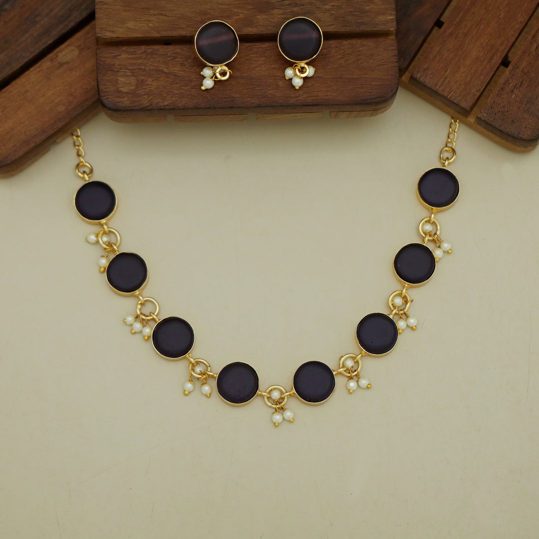 Eudor Round Raw Stone Pearl Short Neckpiece/Choker With Earring