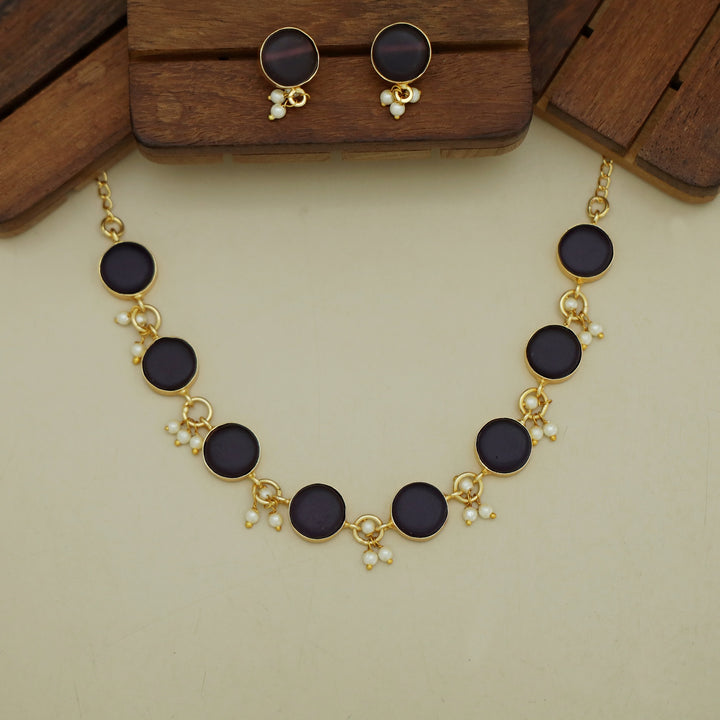 Eudor Round Raw Stone Pearl Short Neckpiece/Choker With Earring