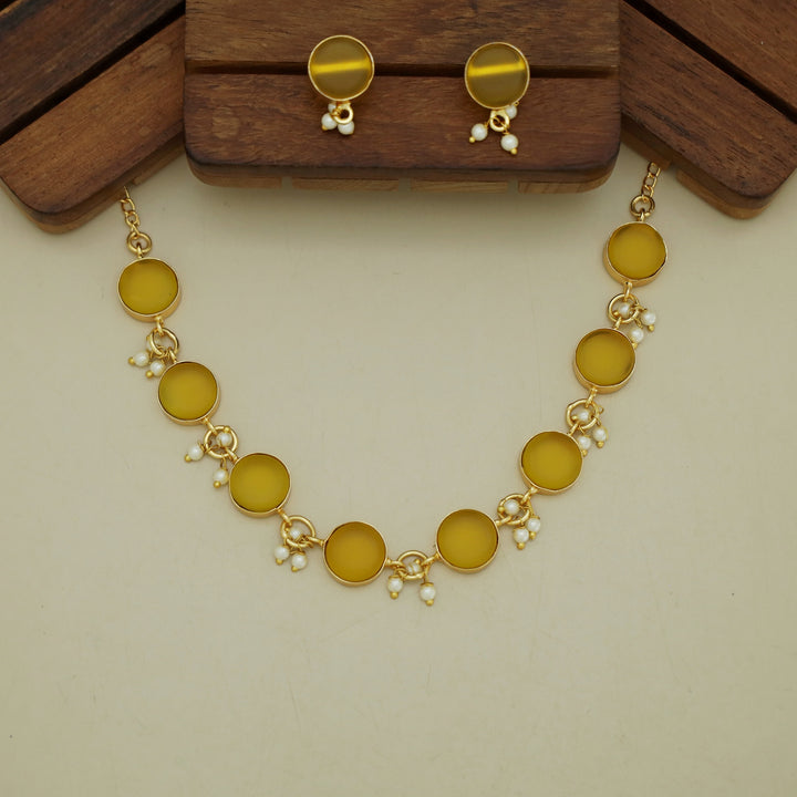 Eudor Round Raw Stone Pearl Short Neckpiece/Choker With Earring