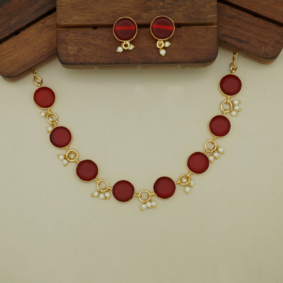 Eudor Round Raw Stone Pearl Short Neckpiece/Choker With Earring