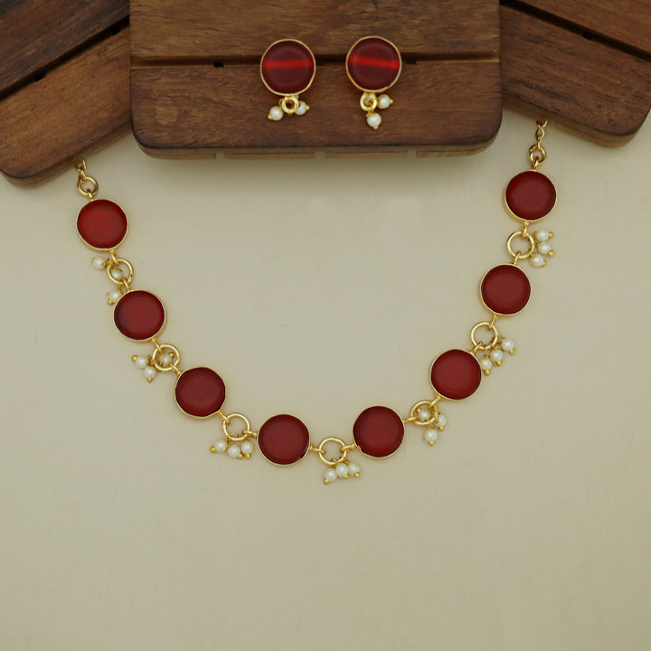 Eudor Round Raw Stone Pearl Short Neckpiece/Choker With Earring