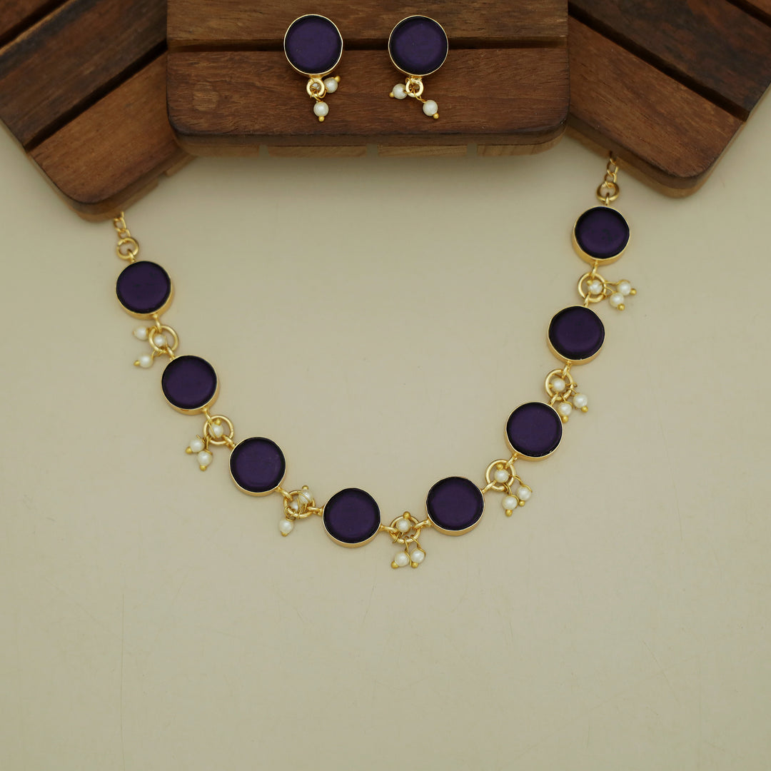 Eudor Round Raw Stone Pearl Short Neckpiece/Choker With Earring