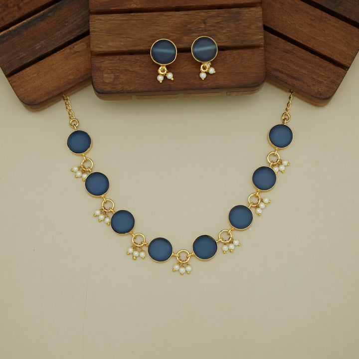 Eudor Round Raw Stone Pearl Short Neckpiece/Choker With Earring