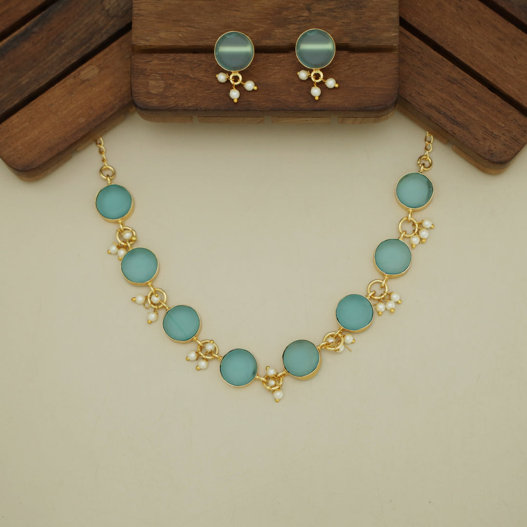 Eudor Round Raw Stone Pearl Short Neckpiece/Choker With Earring