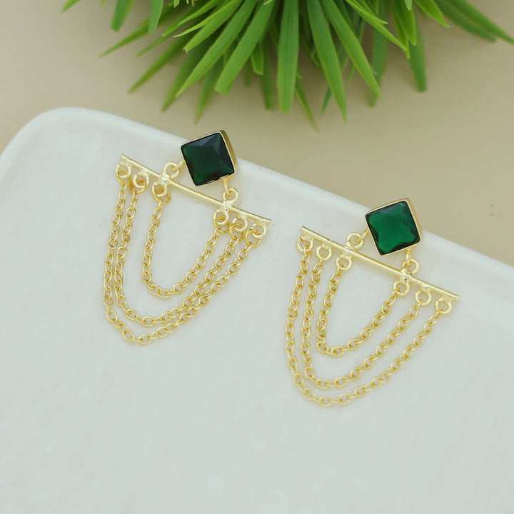 Yuza Golden 3 Layer Chain Diamond Glossy Stone Earring