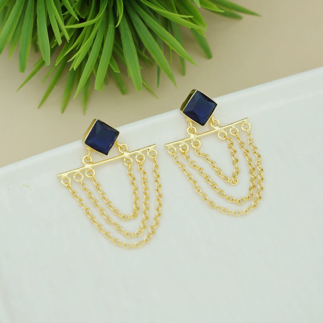 Yuza Golden 3 Layer Chain Diamond Glossy Stone Earring