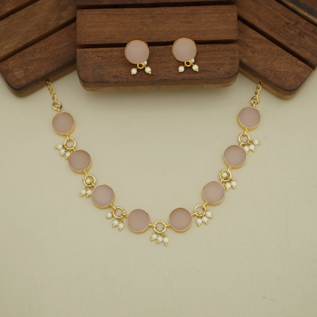 Eudor Round Raw Stone Pearl Short Neckpiece/Choker With Earring