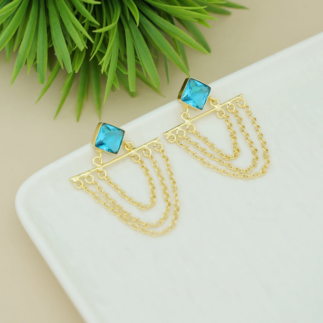 Yuza Golden 3 Layer Chain Diamond Glossy Stone Earring