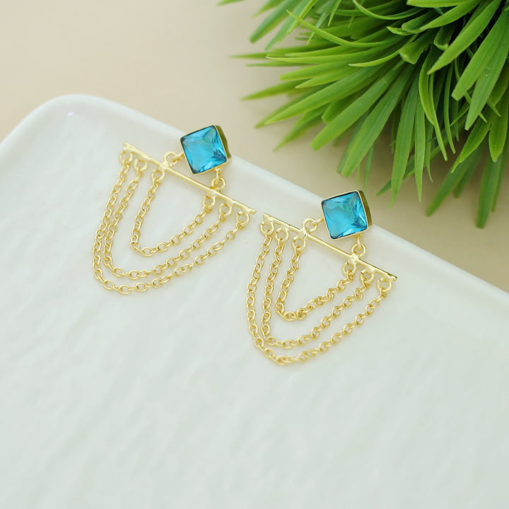Yuza Golden 3 Layer Chain Diamond Glossy Stone Earring