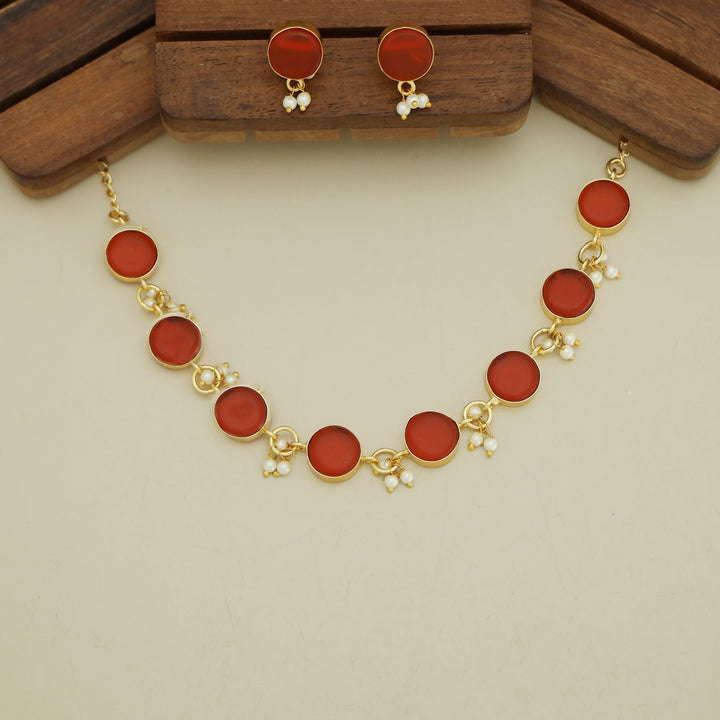 Eudor Round Raw Stone Pearl Short Neckpiece/Choker With Earring