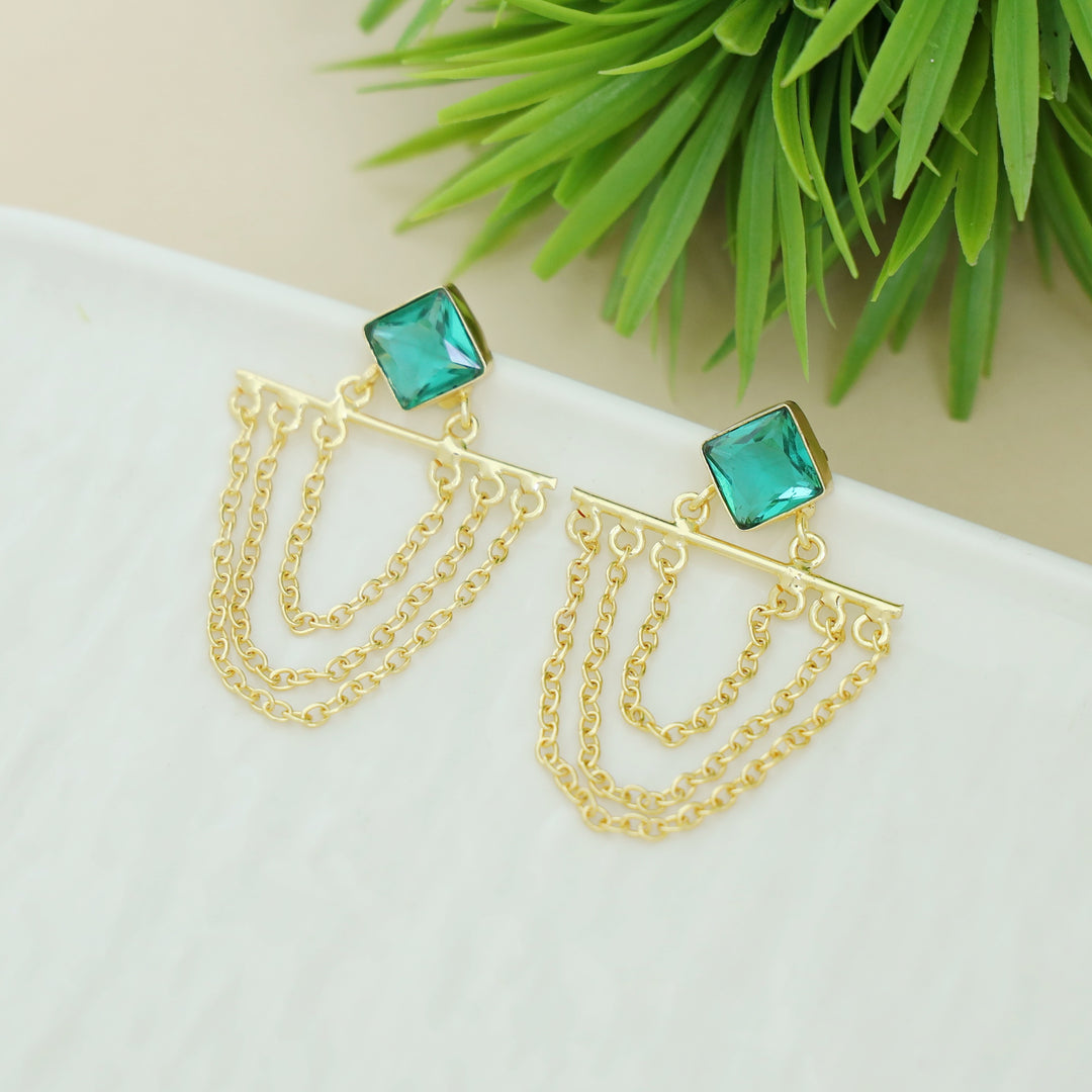Yuza Golden 3 Layer Chain Diamond Glossy Stone Earring
