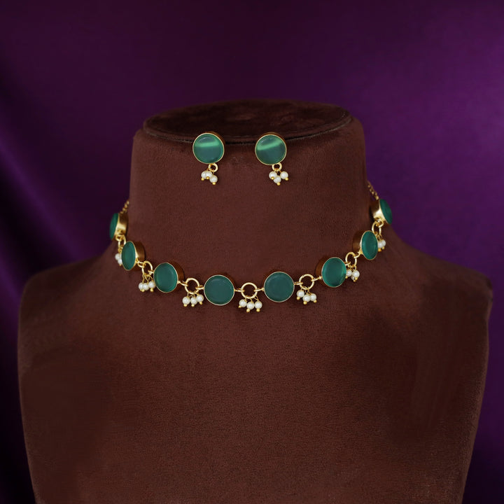 Eudor Round Raw Stone Pearl Short Neckpiece/Choker With Earring